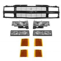 1994 - 1998 Chevy 1500 Pickup Truck Grill with Composite Headlights Gloss Black Complete Kit